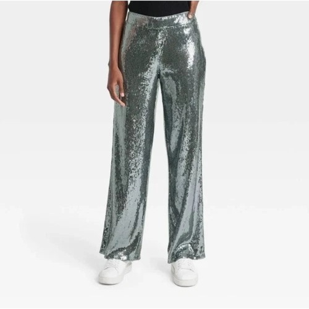 A New Day Silver Sequin Wide Leg Pants Size 10 High Rise Sparkle Party Trousers